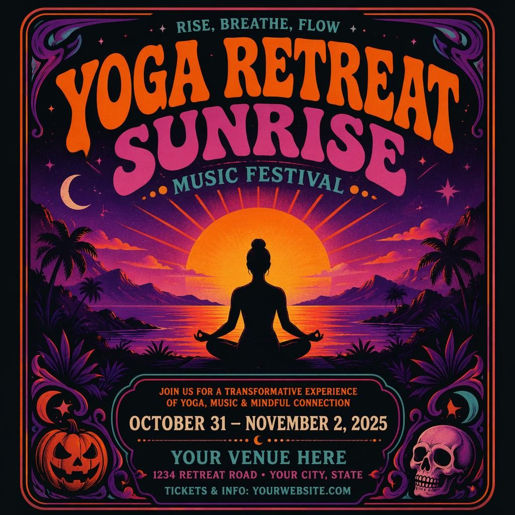 Vintage 1960s-style event poster showing a sunrise yoga retreat with clean placeholder text, cool neon colors, and formal layout.