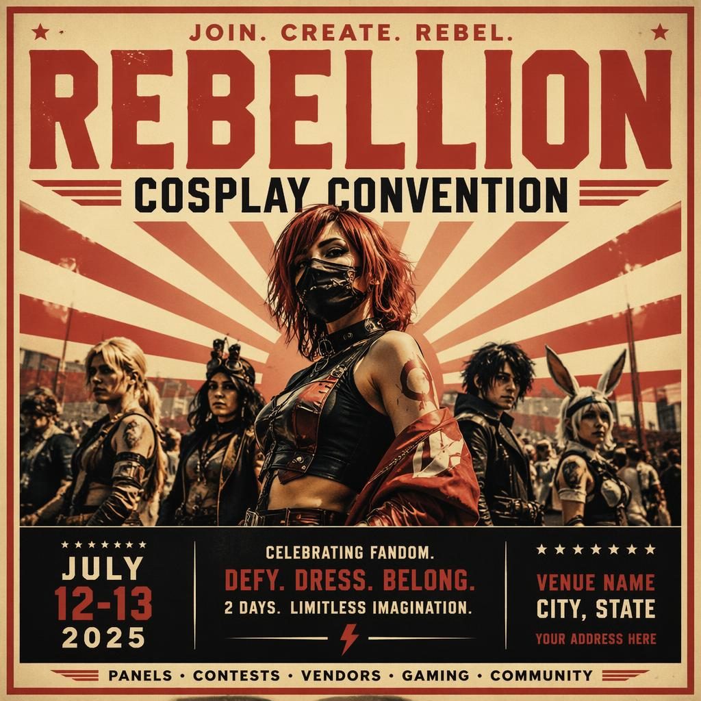 Photographic cosplay convention holiday poster in vintage cream and red, with bold overlay text and clean event placeholders.