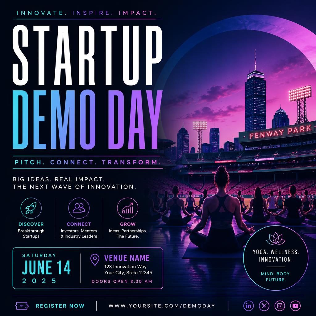 Modern editorial event poster for a startup demo day with cool neon colors and clean placeholder text for date and venue.