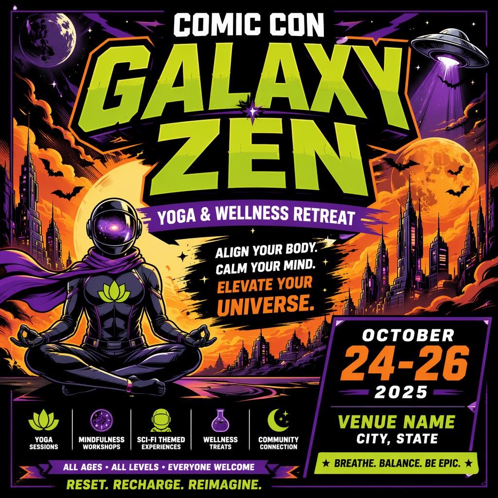 AI event poster with bold sci-fi comic con styling, sharp placeholder event text, high-contrast colors, and energetic wellness retreat vibe.