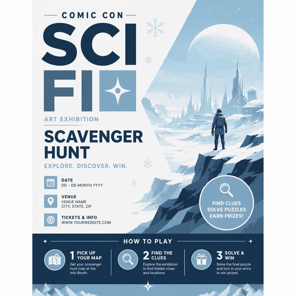 Minimalist Swiss-style sci-fi comic con event poster in icy winter tones with clean placeholder text for name, date, venue.