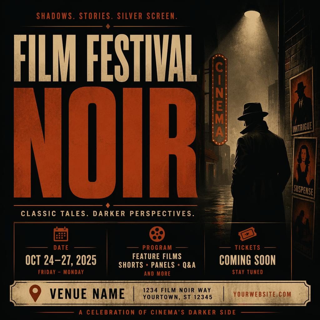 Dark noir-style wellness retreat poster with bold typography, autumn rust tones, and clean date and venue placeholder text.