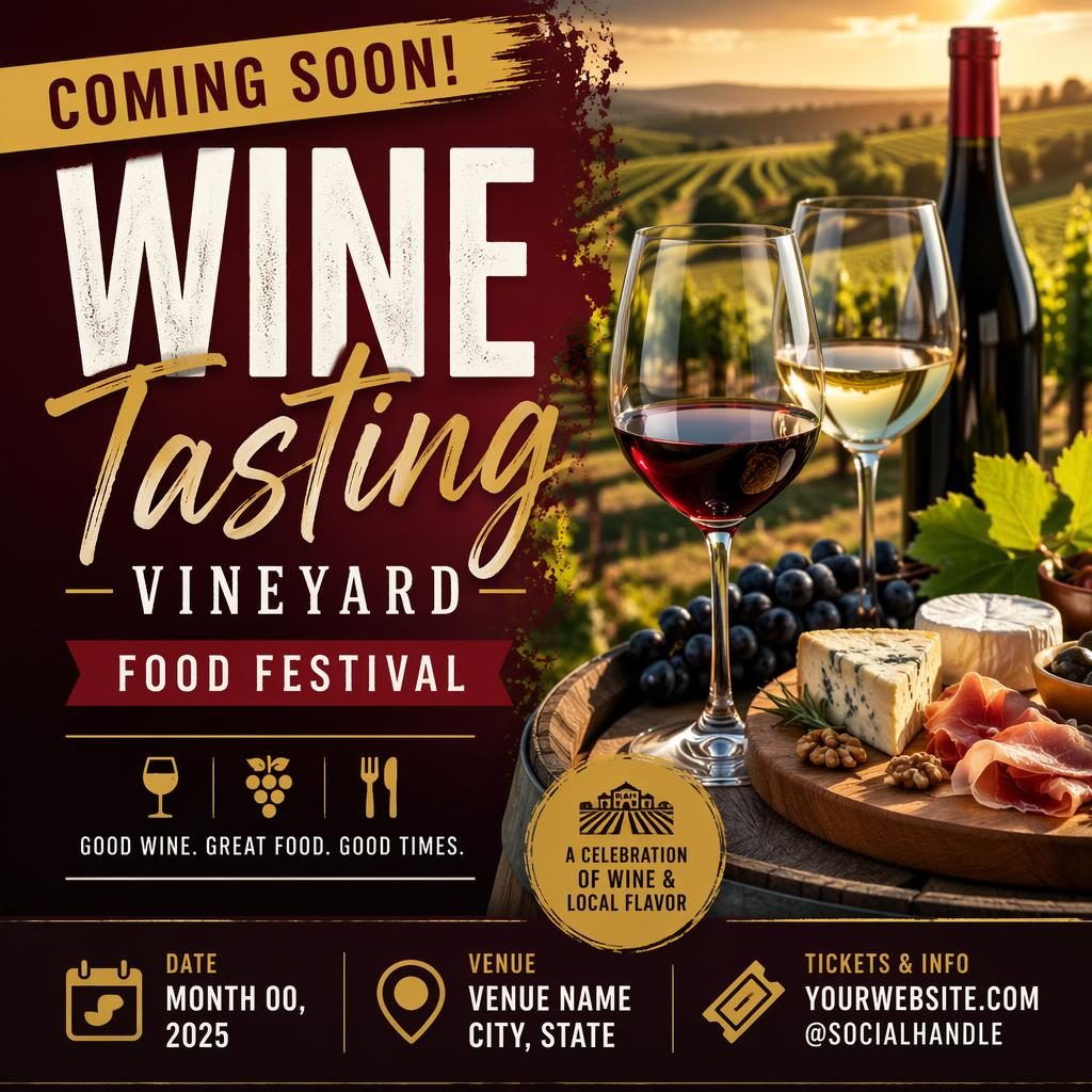 Photographic event poster of a vineyard wine tasting festival with bold high-contrast overlay and sharp English placeholder text.