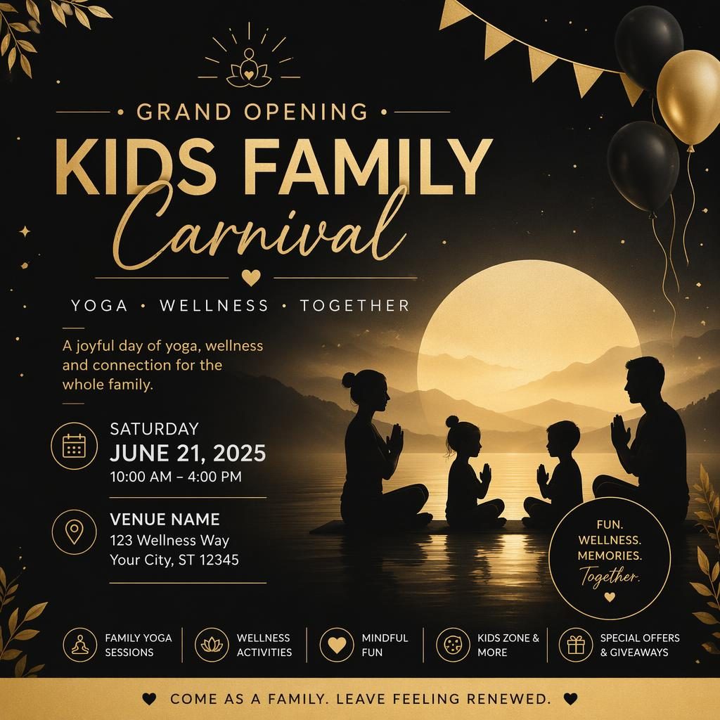 Minimalist Swiss event poster for a kids family carnival wellness retreat in black and gold with dreamy elegant layout.