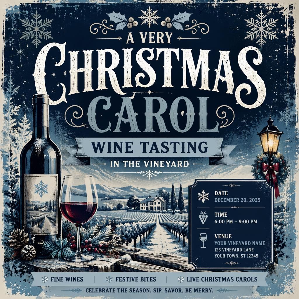 Grunge-style winter event poster for a vineyard wine tasting, with icy festive colors and sharp placeholder text.