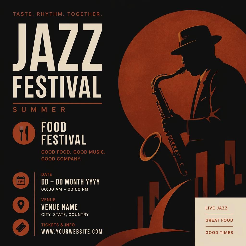 Minimalist Swiss-style dark event poster for Jazz Festival Summer with rust autumn tones and clean date, venue placeholders.