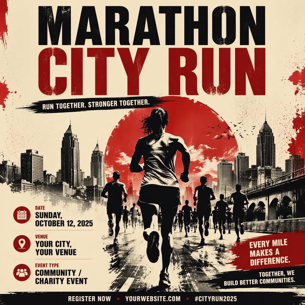 Modern editorial marathon city run poster in cream and red with bold rebellious layout and sharp event text placeholders.