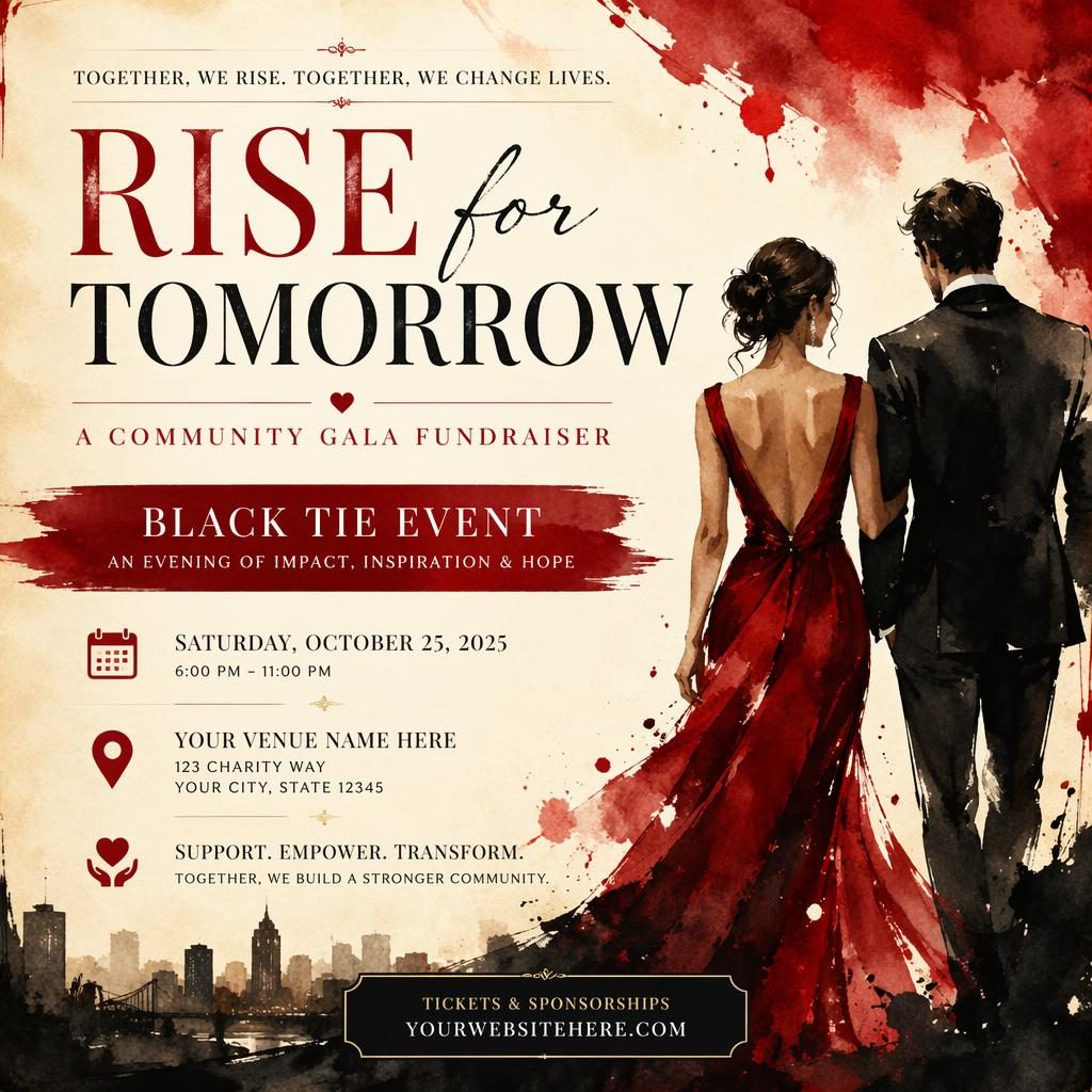 Watercolor event poster for a black tie gala fundraiser in cream and red, with bold festive layout and sharp English placeholders.