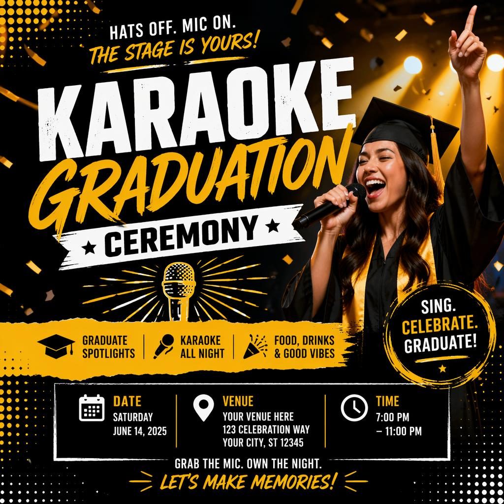 Modern editorial graduation ceremony poster with bold high-contrast colors, energetic layout, and clean event text placeholders.