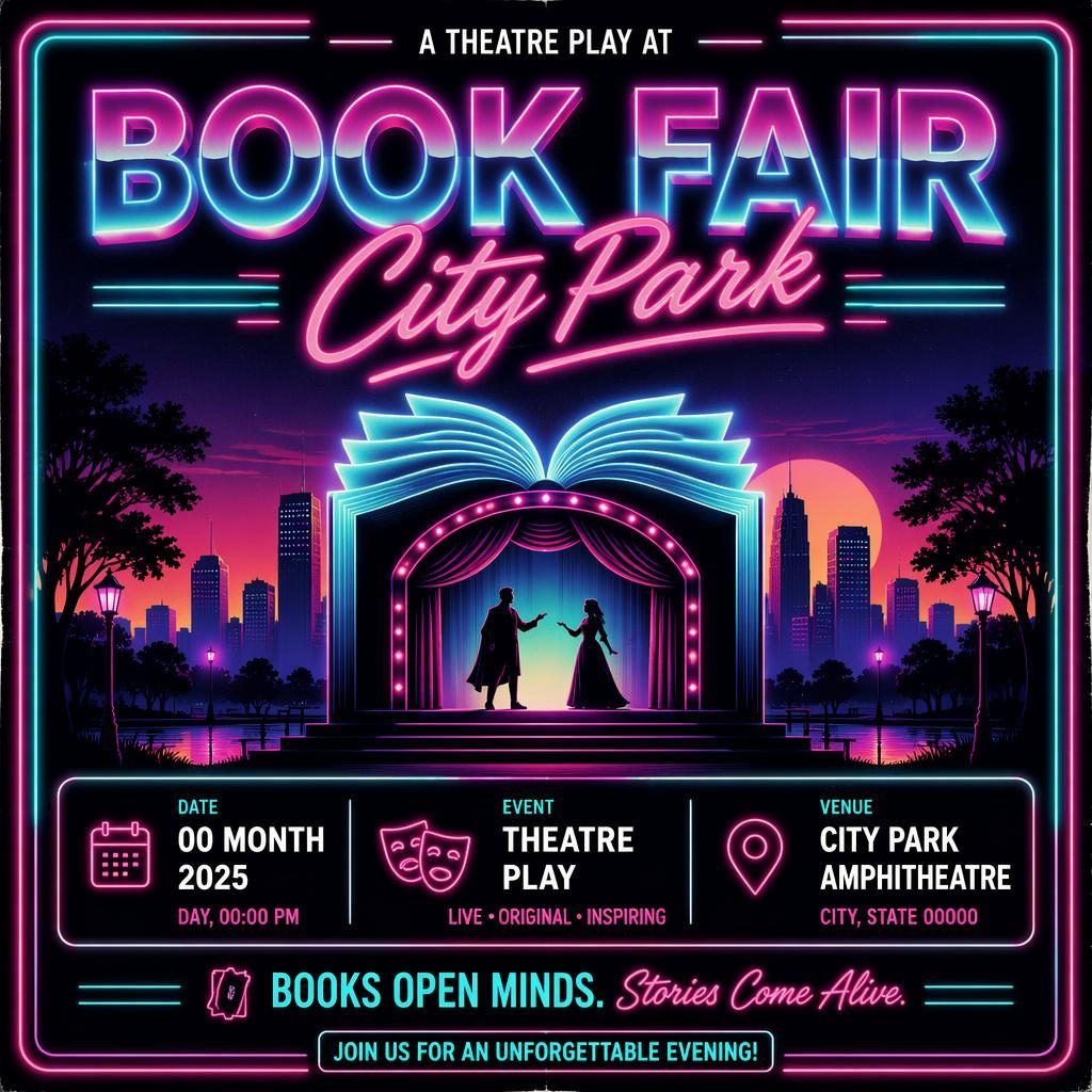 Retro 1980s neon theatre event poster for book fair city park with sharp English placeholder text for name, date, and venue.