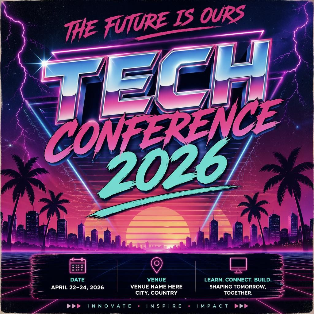 Retro 1980s neon tech conference 2026 poster with pastel palette, clean event placeholders, joyful celebratory layout