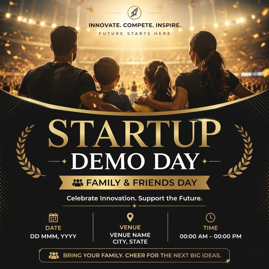 Photographic sports event poster for a startup demo day with black and gold overlay, dreamy romantic mood, and sharp text placeholders.