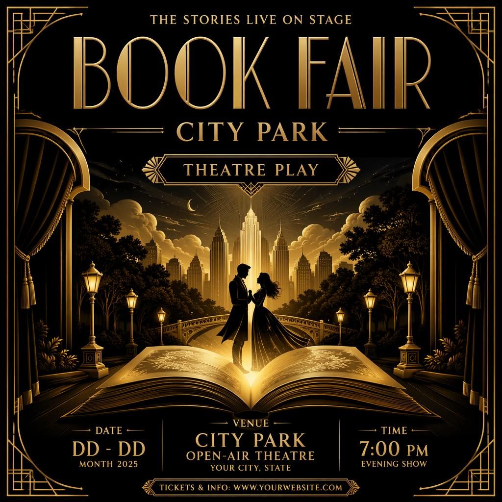 Art deco theatre event poster for a city park book fair, with black and gold palette, dreamy romantic styling, and clean text.