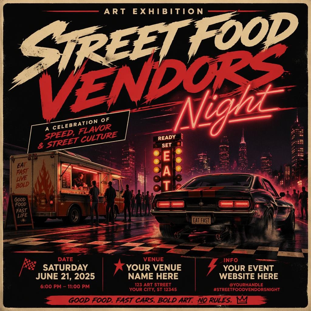 Retro 1980s neon event poster for Street Food Vendors Night with cream and red palette, bold typography, and venue placeholders.