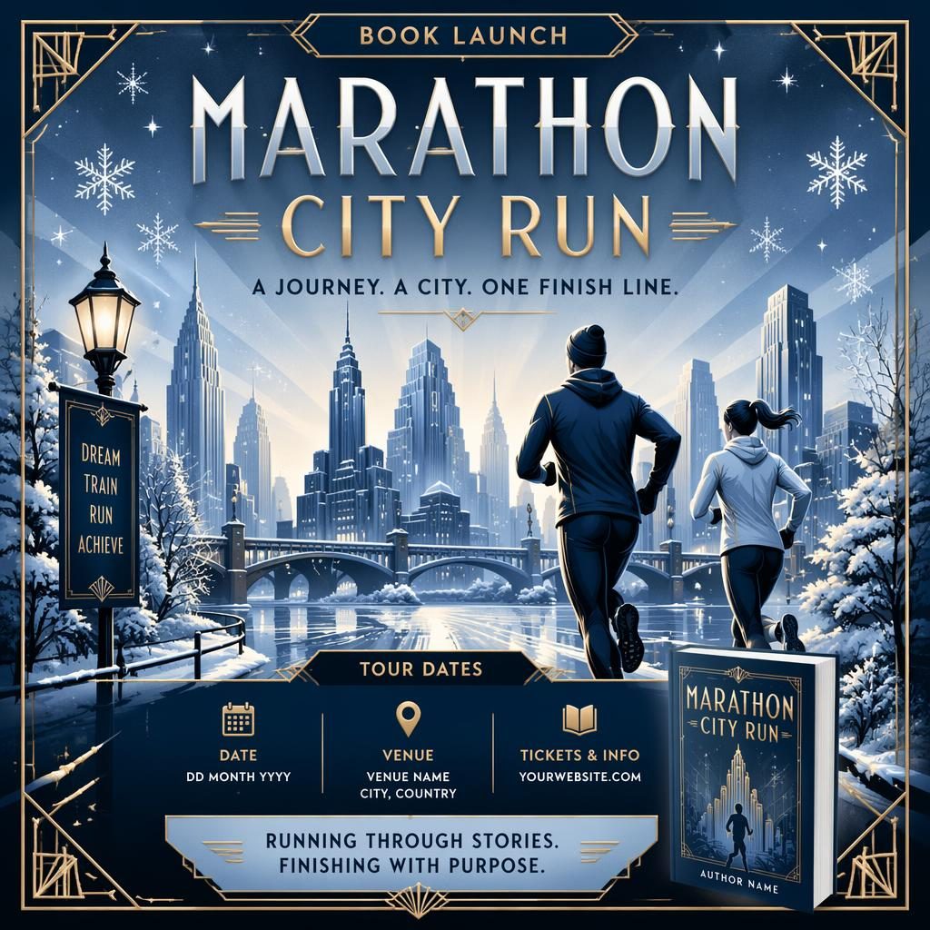Art Deco luxury winter event poster for Marathon City Run with icy blue palette and sharp date, venue, and event text placeholders.