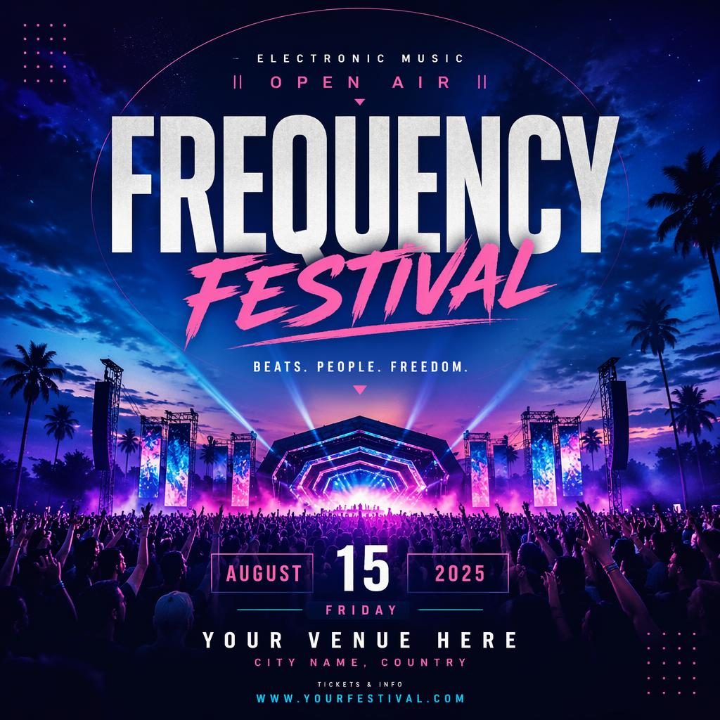 Modern editorial event poster for an electronic music open air festival with cool neon colors and clean placeholder text.