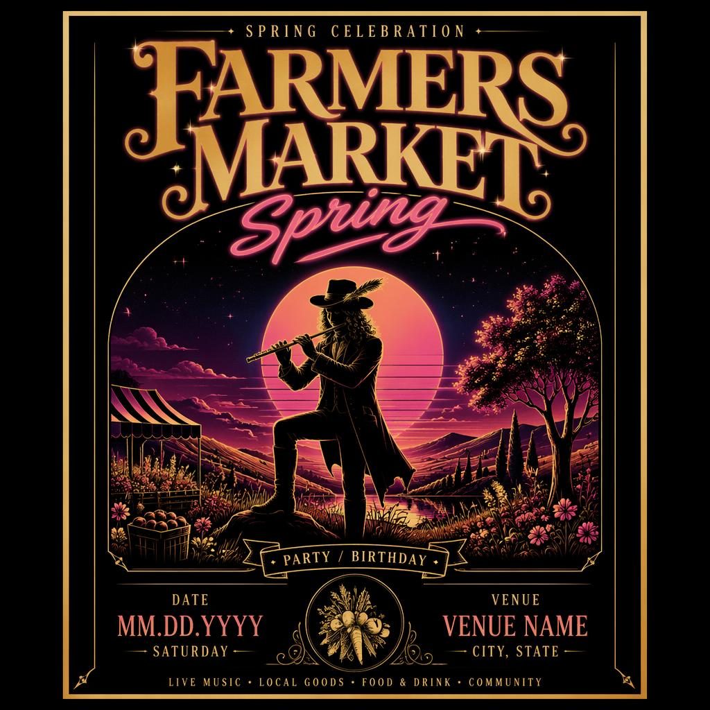 Retro 1980s neon event poster for a spring farmers market party with black and gold palette and sharp placeholder text.