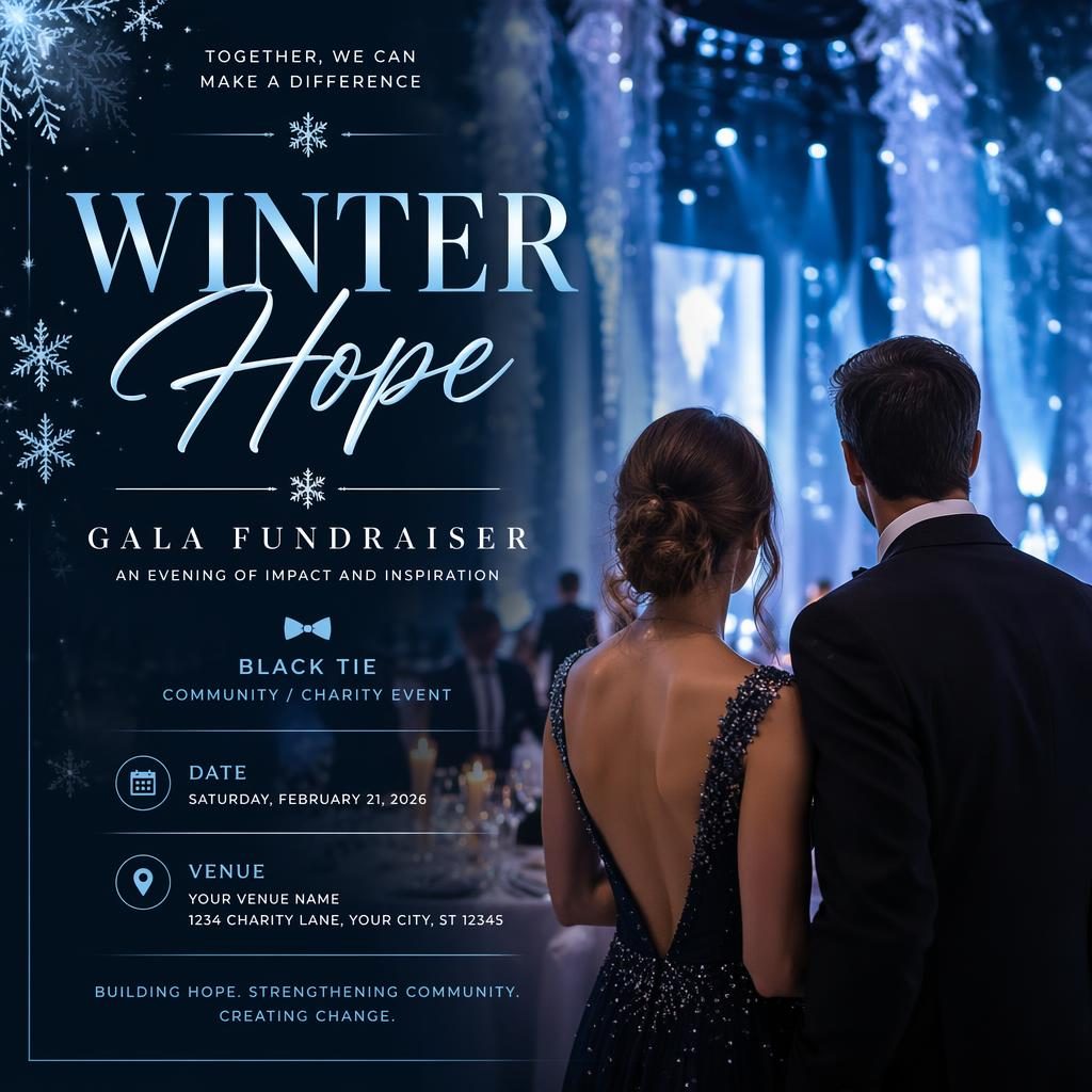 Affiche photo d’un gala caritatif black tie, palette glacée hivernale, habillage typographique net avec date et lieu fictifs.