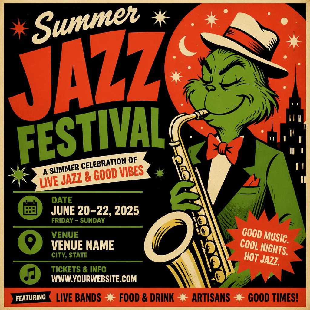 Vintage 1960s-style jazz festival summer event poster with bold high-contrast colors, energetic layout, and readable placeholder text.