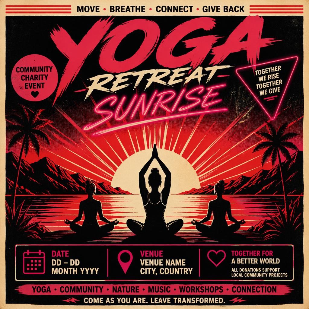 Retro 1980s neon event poster for a yoga retreat at sunrise, with cream and red palette and clean placeholder text.