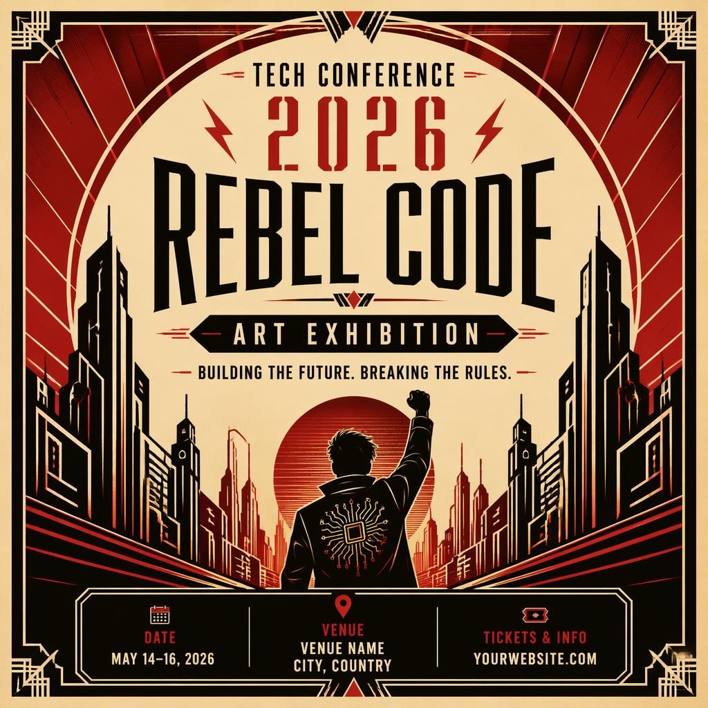 Art deco luxury event poster for Tech Conference 2026 with cream and red palette, bold layout, and sharp date and venue placeholders.