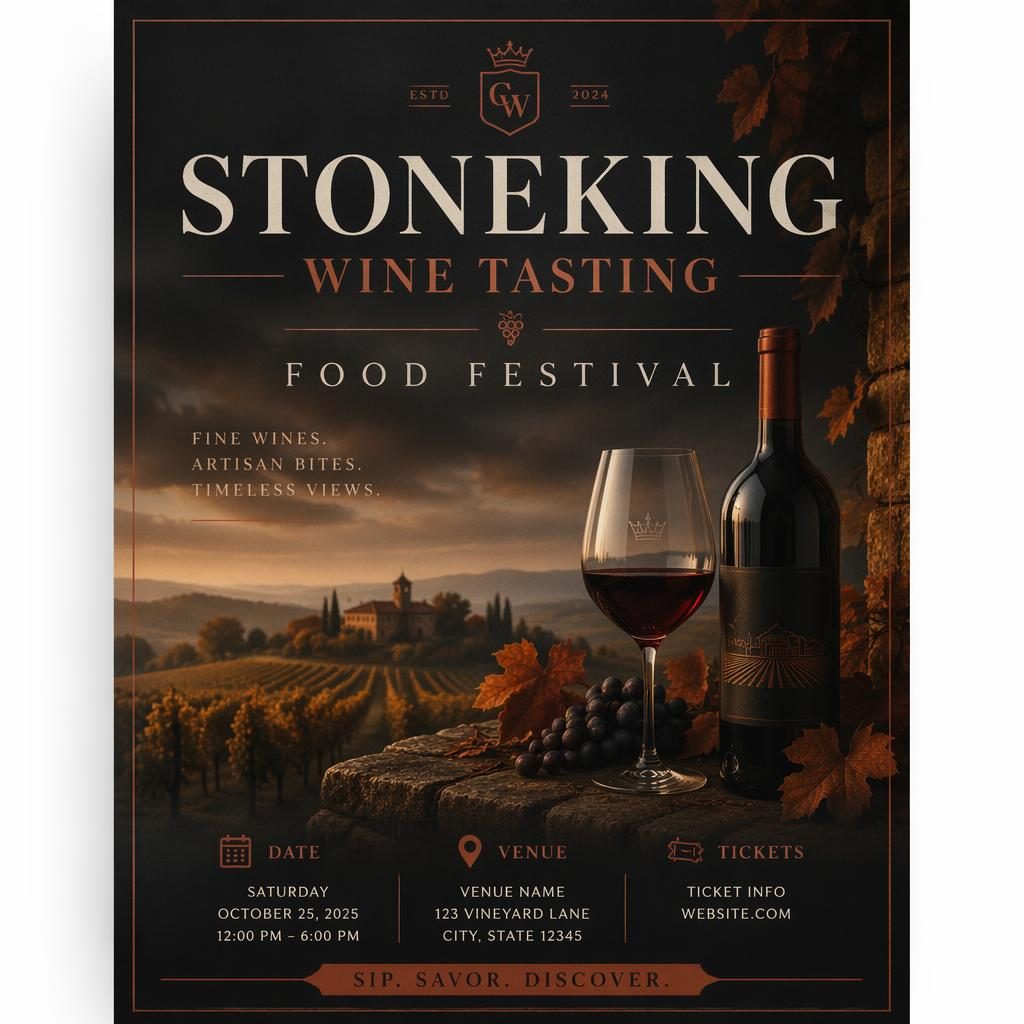 Modern editorial event poster for a wine tasting vineyard festival in dark autumn rust tones with clean placeholder text