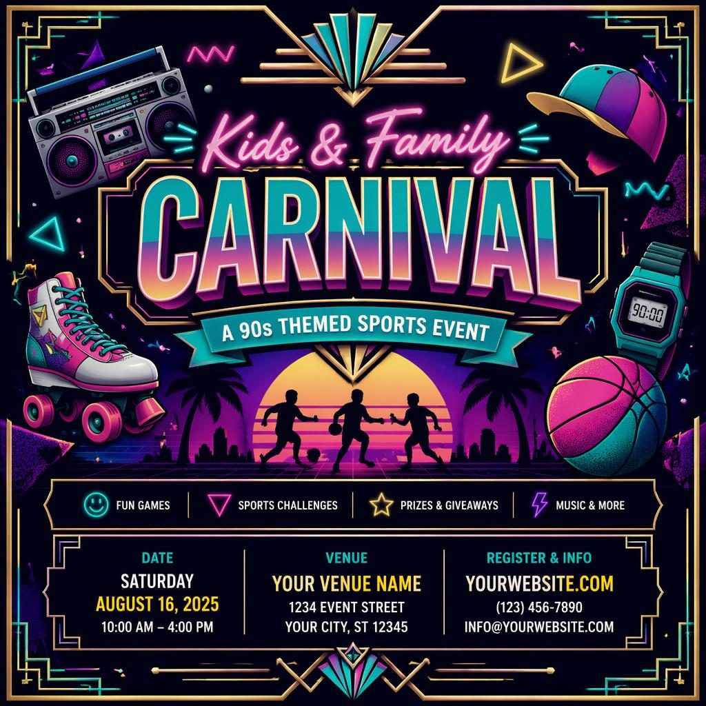 Art deco luxury event poster for a kids family carnival sports event in a cool neon palette with sharp placeholder text.