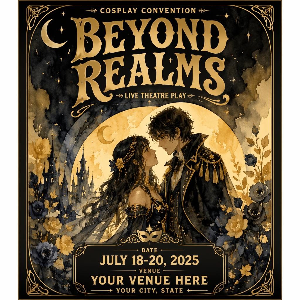 Watercolor cosplay convention theatre poster in black and gold with dreamy romantic mood and sharp English placeholder text.