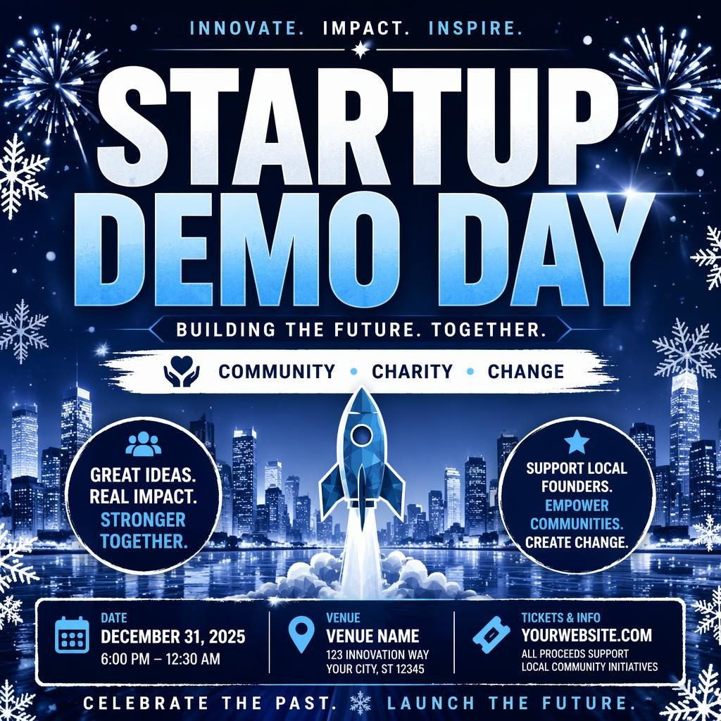 Póster de startup demo day benéfico con tipografía audaz, paleta invernal helada y texto de fecha y venue en inglés.
