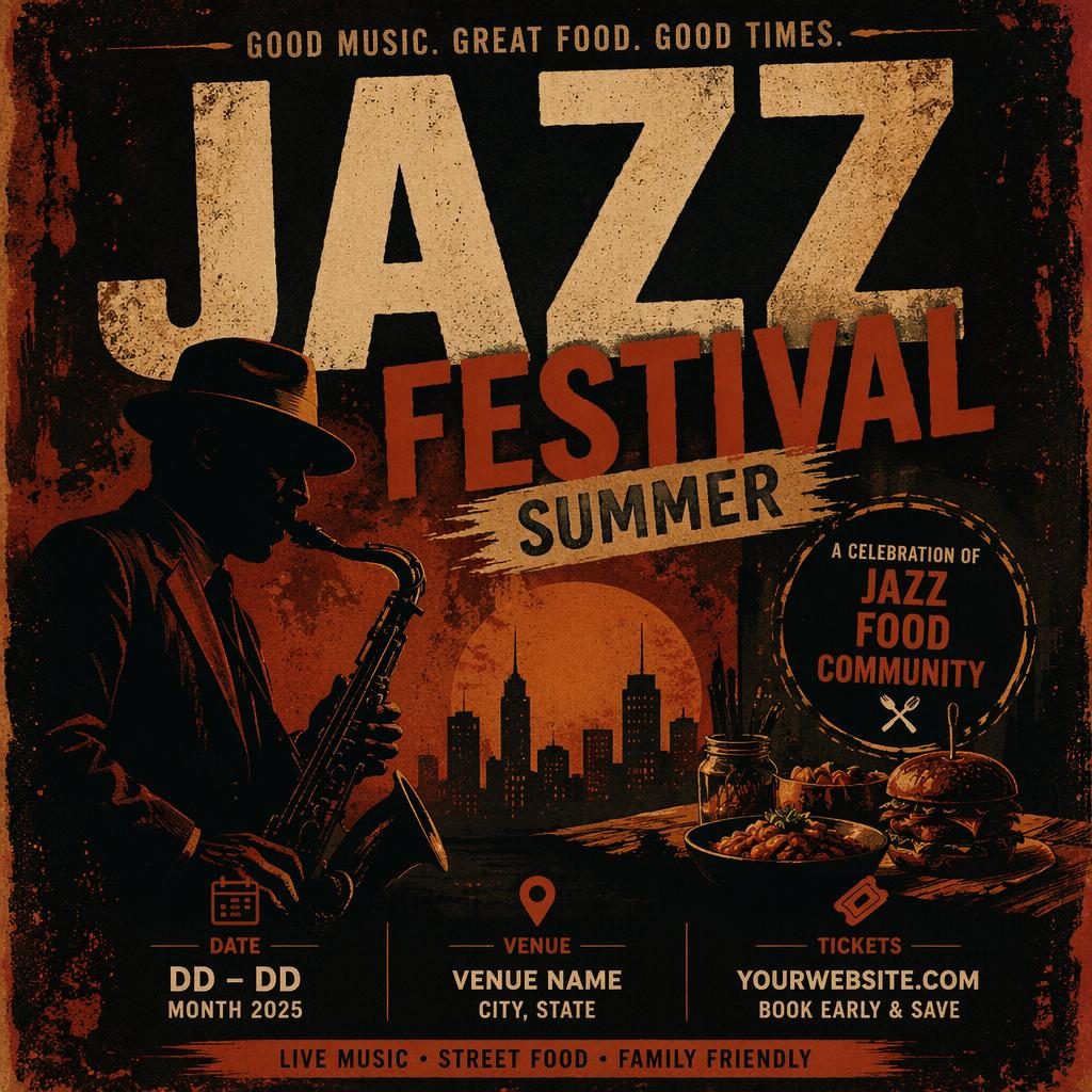 Dark grunge-style event poster for a summer jazz food festival with rust autumn tones and clean English date, venue placeholders.