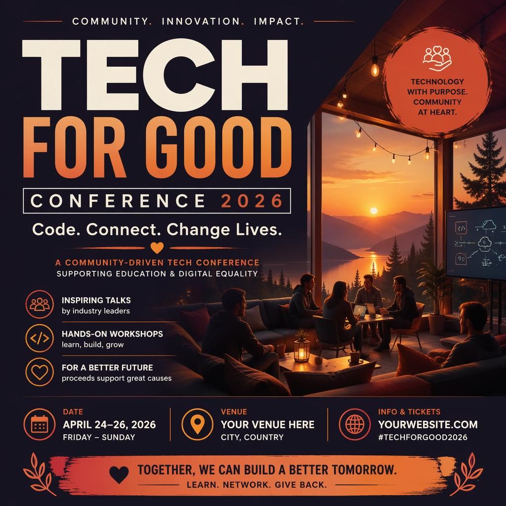 Eventposter für Tech Conference 2026 mit fetter Typografie, warmen Sunset-Farben und klar lesbarem Platzhaltertext.