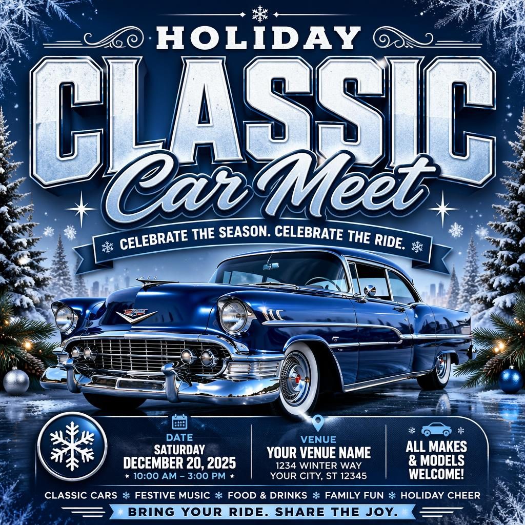 AI event poster for a holiday classic car meet with bold typography, winter ice colors, festive mood, and clean date venue placeholders.