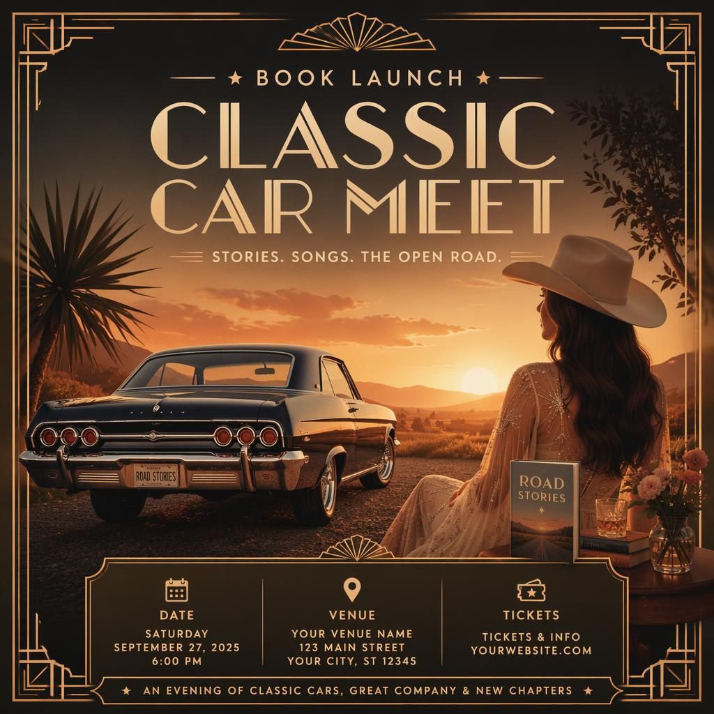 Art deco luxury event poster for a classic car meet book launch with vintage cars, warm sunset tones, and sharp placeholder text.