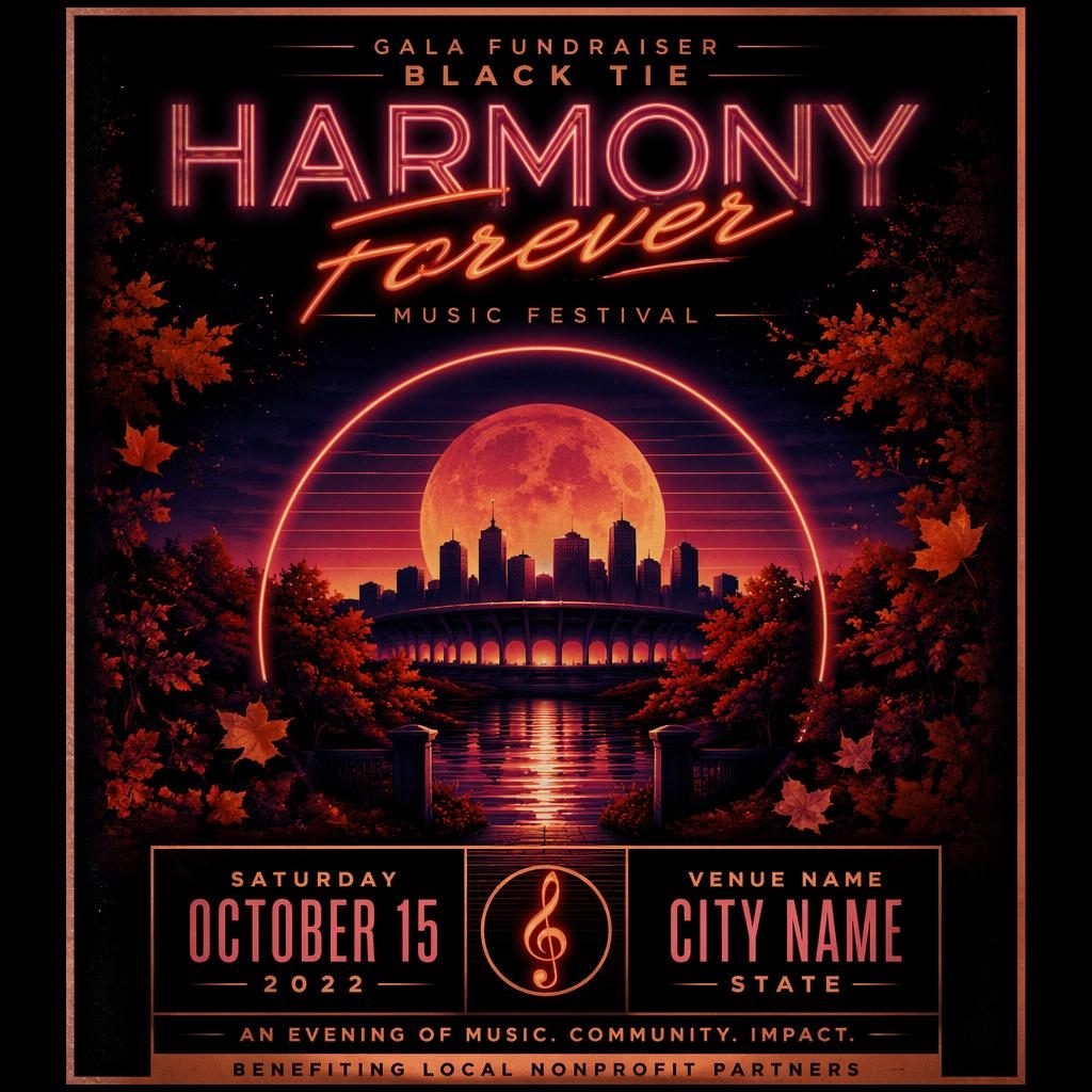 Retro 1980s neon event poster for a black-tie gala music festival with dark mysterious mood, rust autumn tones, and sharp placeholders.