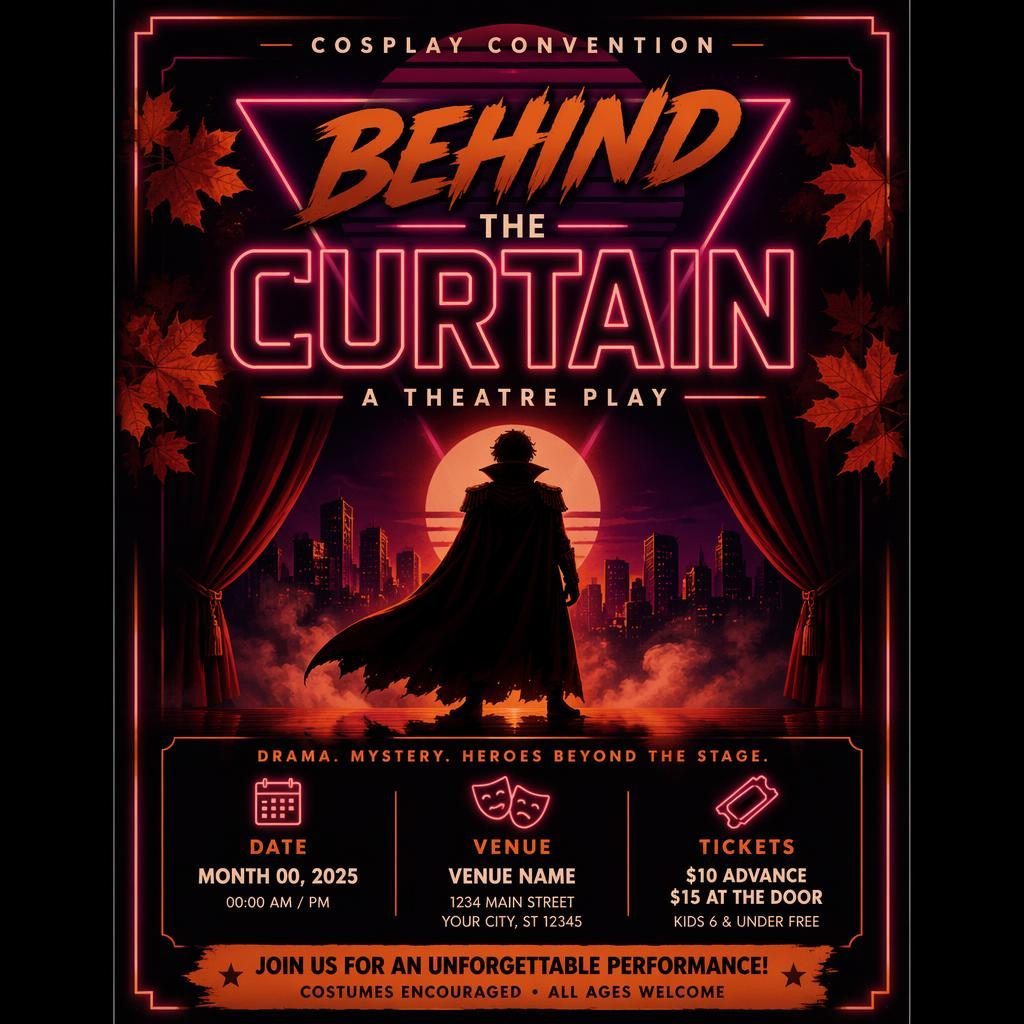 Retro 1980s neon event poster for a cosplay convention theatre play with dark mysterious mood, rust autumn palette, and clear text placeholders.