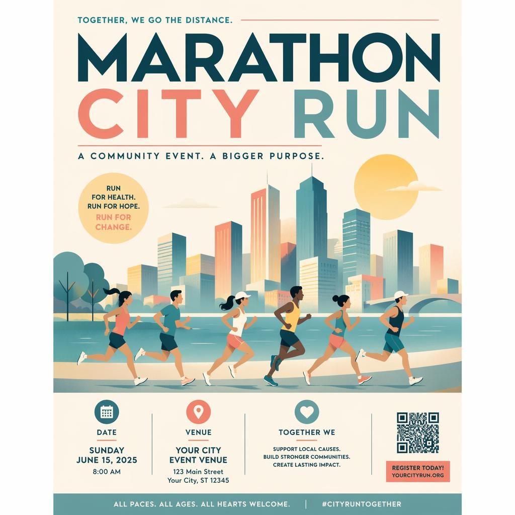 Minimalist Swiss-style poster for a charity marathon city run with pastel colors, joyful layout, and clean event placeholders.