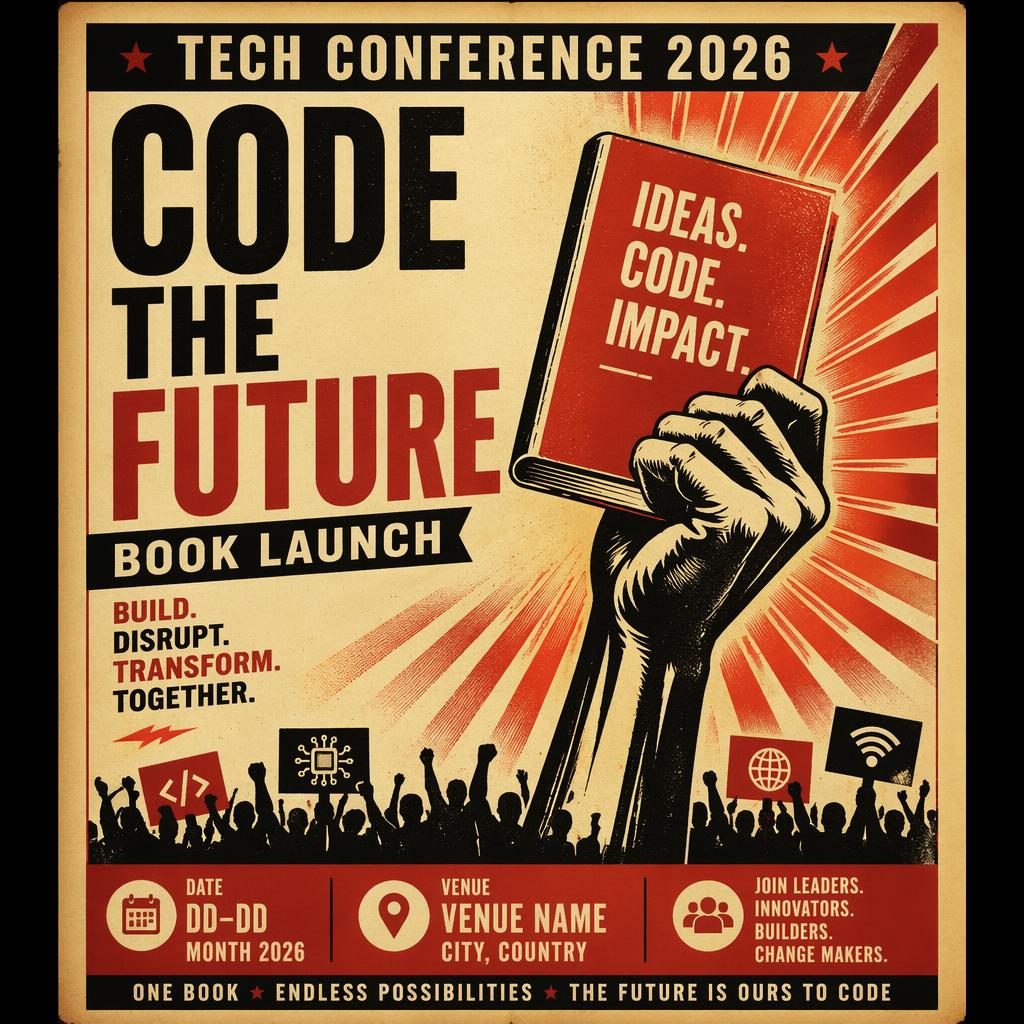 Cartel de evento estilo años 60 en crema y rojo para lanzamiento tech 2026, con tipografía inglesa nítida y jerarquía fuerte.