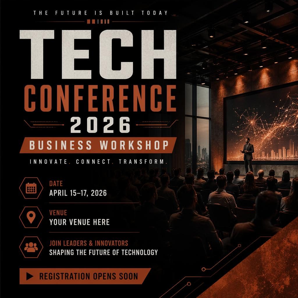 Dark photographic event poster for a 2026 tech conference workshop with rust autumn tones and clean placeholder text