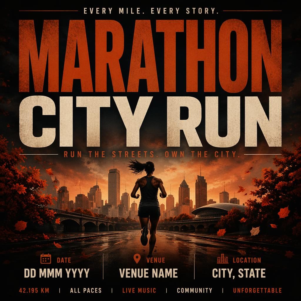 Dark sports event poster for a marathon city run with bold typography, autumn rust tones, and clean date and venue placeholders.