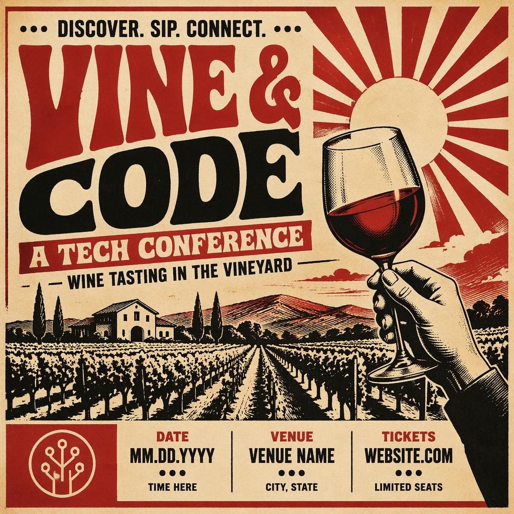 Vintage 1960s-style event poster for a wine tasting vineyard tech conference in cream and red with bold typography.