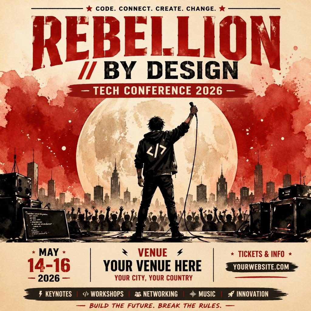 Watercolor event poster for Tech Conference 2026 with cream and red palette, bold festive layout, and sharp date and venue placeholders.