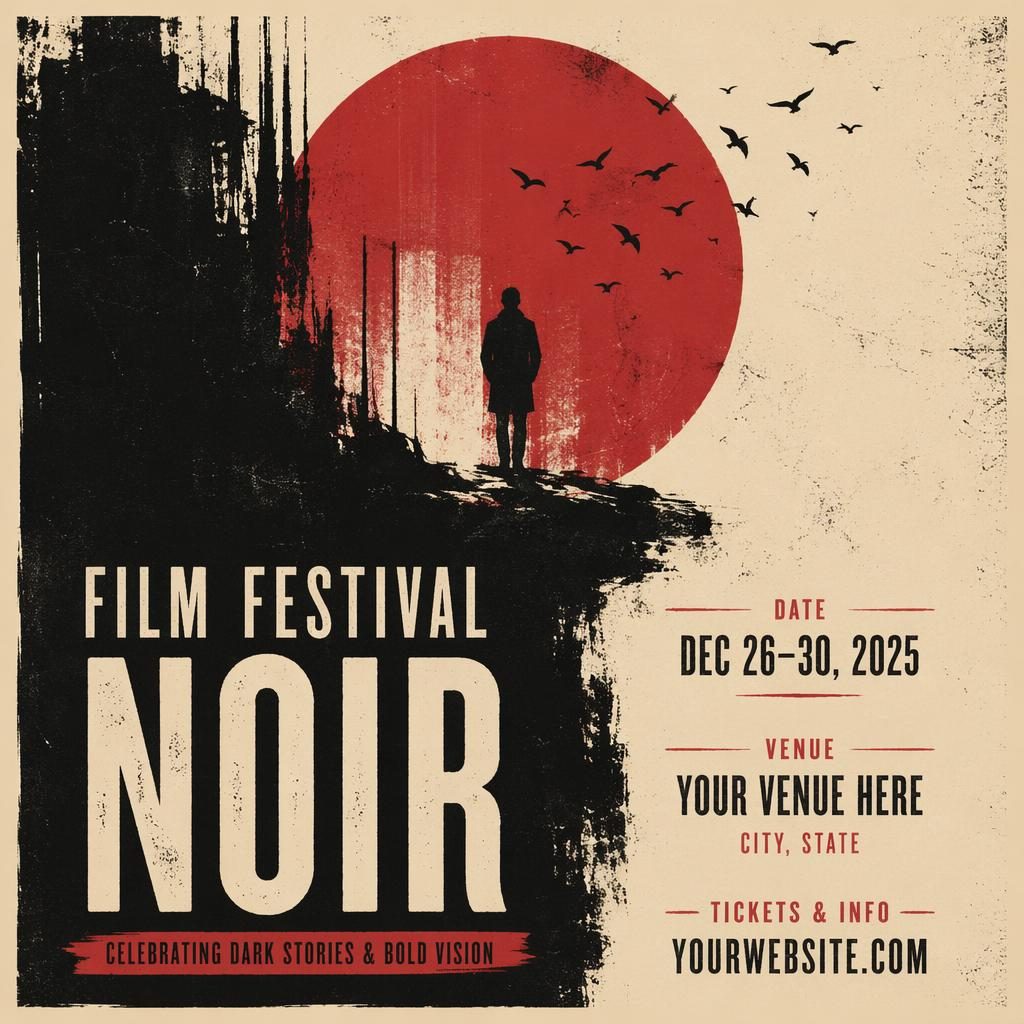 Grunge-style noir film festival holiday poster in cream and red with bold typography and readable date and venue placeholders