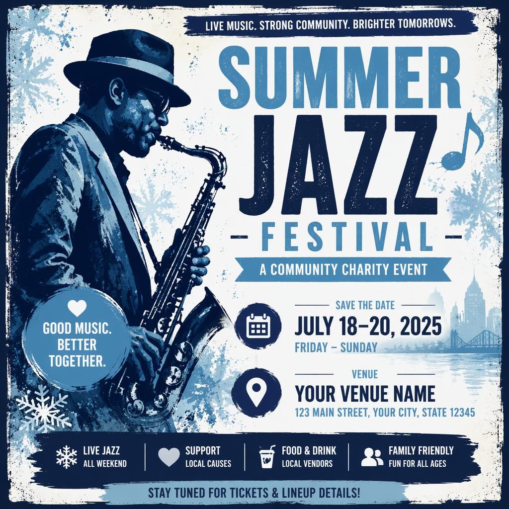 Grunge-style jazz festival summer poster in an icy winter palette with clean event name, date, and venue placeholders.