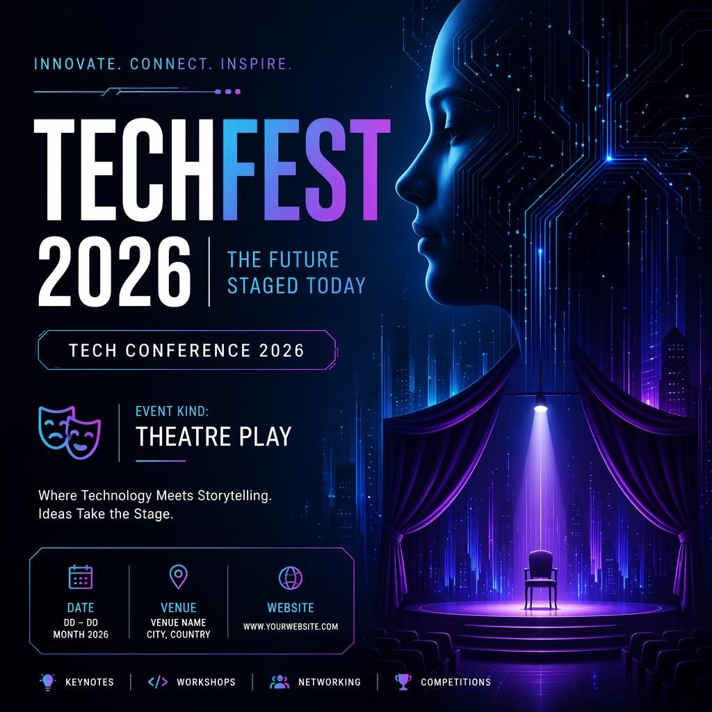 Modern editorial event poster for a 2026 tech conference styled like a theatre play, with cool neon colors and clean placeholder text.