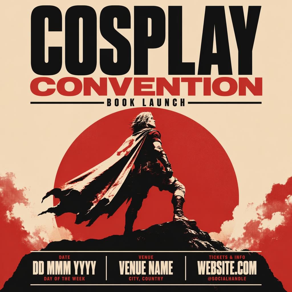 Minimalist Swiss-style event poster for a cosplay convention book launch in cream and red with bold typography placeholders.