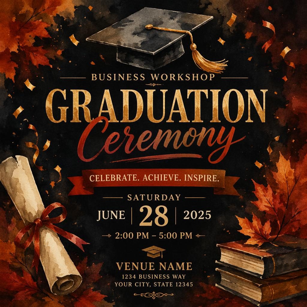 Watercolor event poster for a graduation ceremony with dark festive mood, autumn rust colors, and sharp English placeholder text.