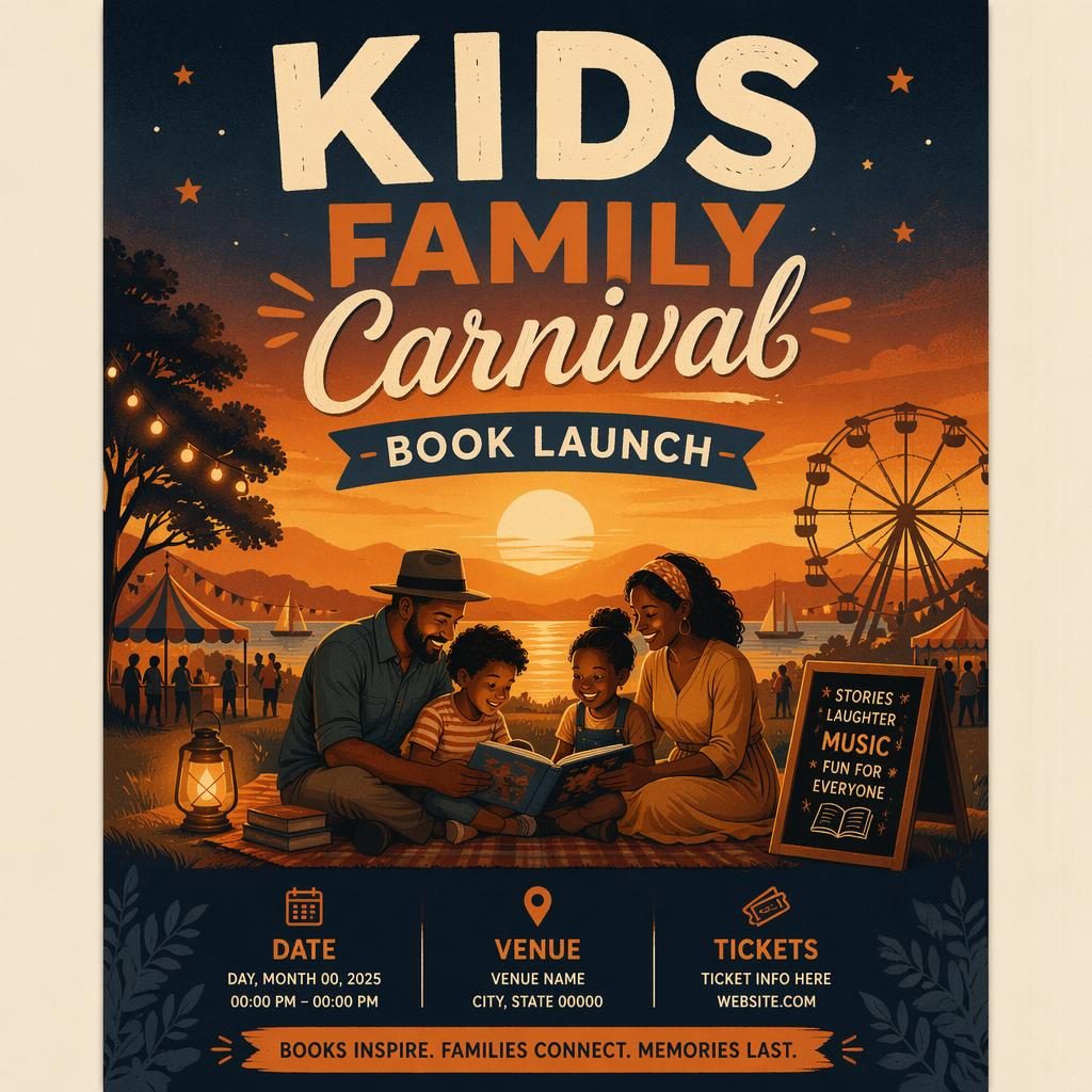 Modern editorial event poster for a kids family carnival book launch with warm sunset colors and clean placeholder text.