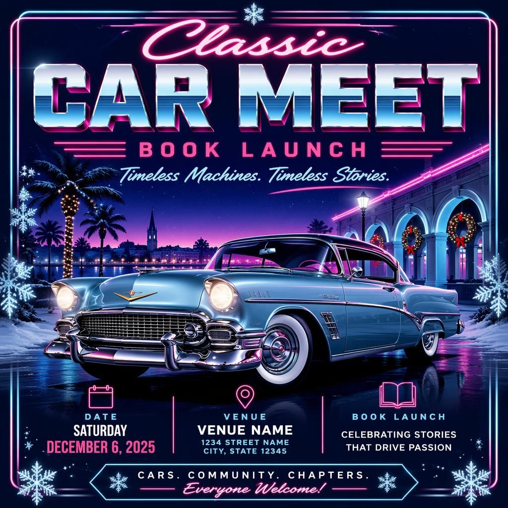 Retro 1980s neon event poster for a classic car meet book launch with winter ice colors and clean placeholder text.
