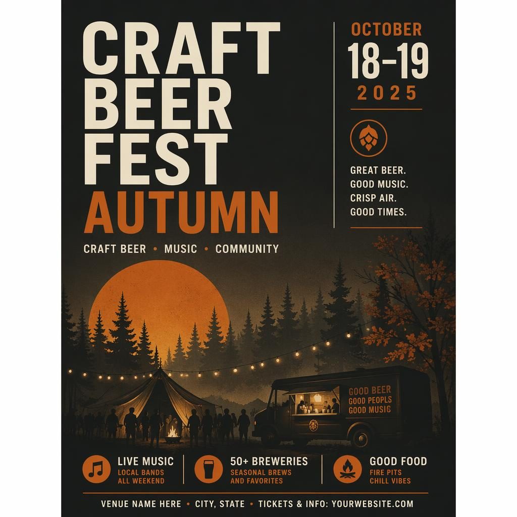 Minimalist Swiss-style event poster for a craft beer fest autumn music festival in a dark rust palette with clean placeholder text.