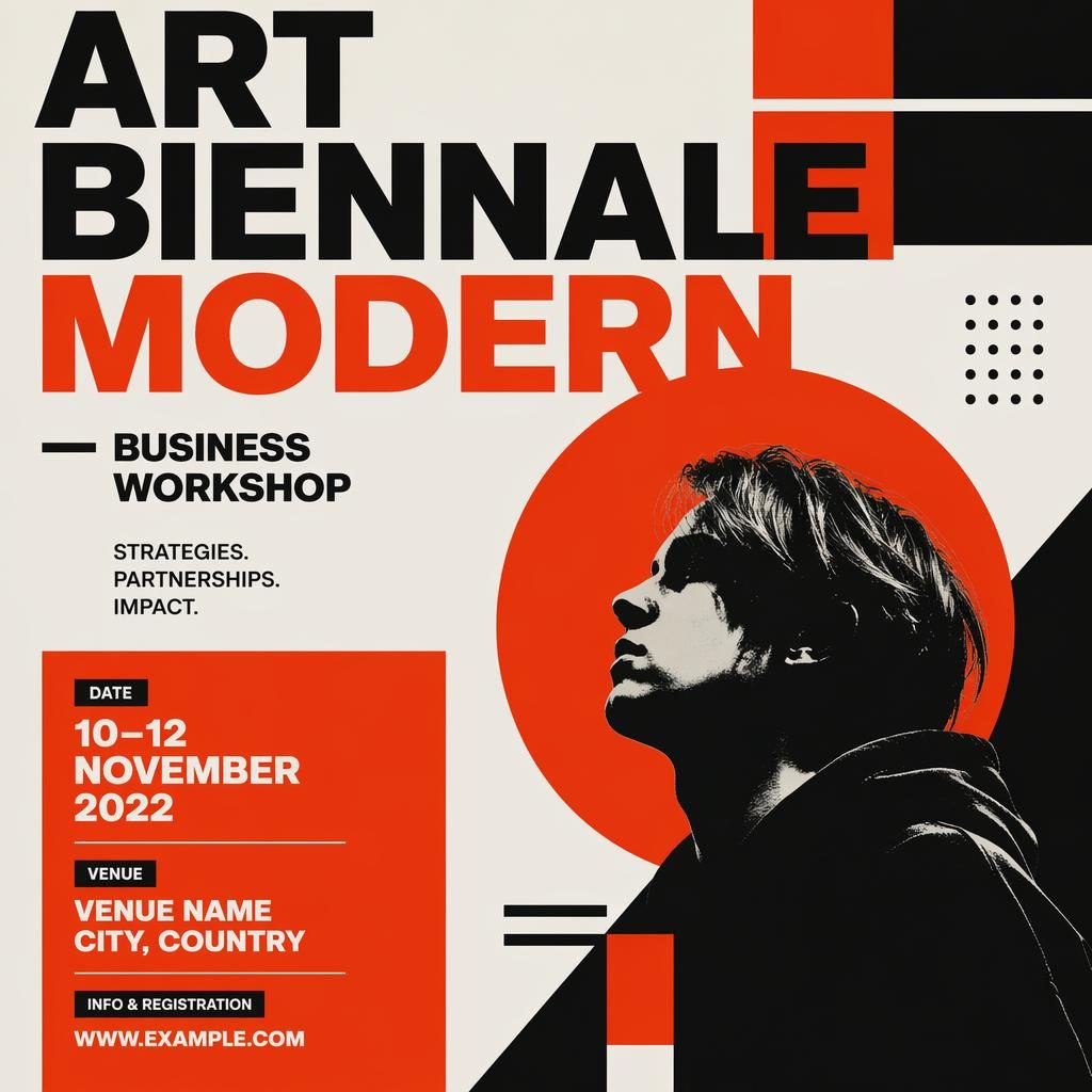Affiche d’événement minimaliste suisse, palette contrastée, typo nette, avec nom, date et lieu fictifs lisibles en anglais.